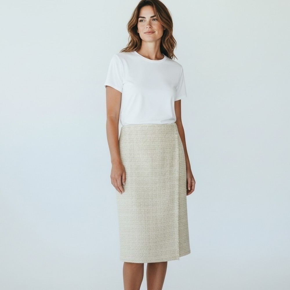 St John Tweed Knit Midi Wrap Skirt Womens 12 Ecru Ivory Fringe Linen Blend NWT